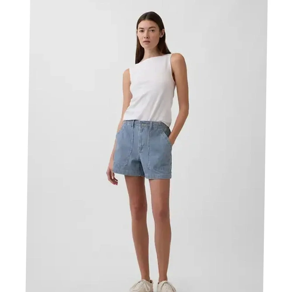 Gap Factory Blue Railroad Stripe Ultrasoft Denim Utility Shorts 4in Inseam S